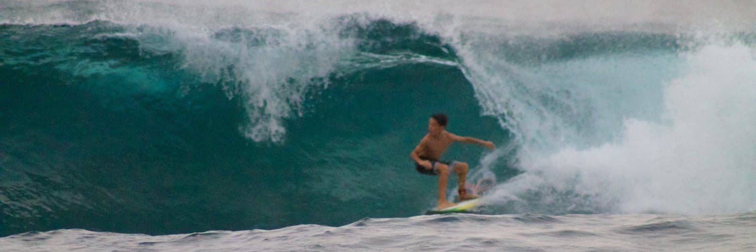 A surfer carving along the face of a breaking wave
